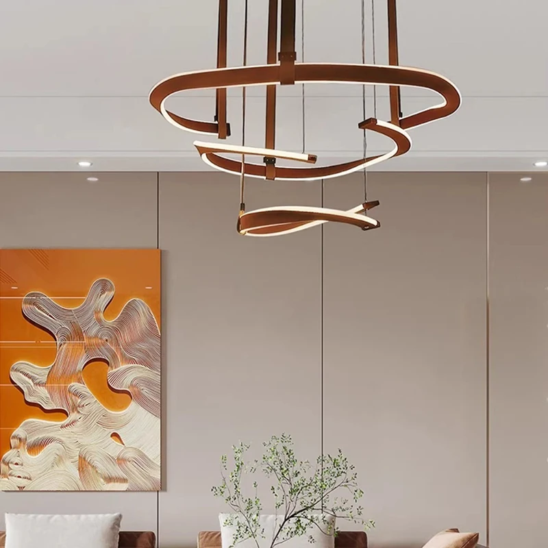 Anel de couro vermelho minimalista americano led lustre teto para hotel restaurante decoração artística regulável