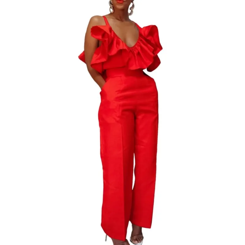 Women Two Pieces Pants Set 2025 Summer V Neck Strap Crop Tops Ruffles High Waist Trousers Sexy Female Suit Fashion Party Outfits