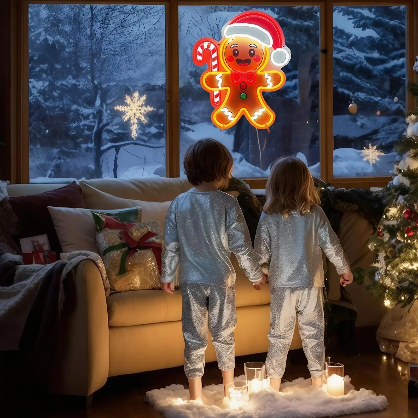 Gingerbread Candy Cane LED Neon Sign for Wall Decor UV Printed Design USB Dimmable for Holiday Party Kids Room Window Gift