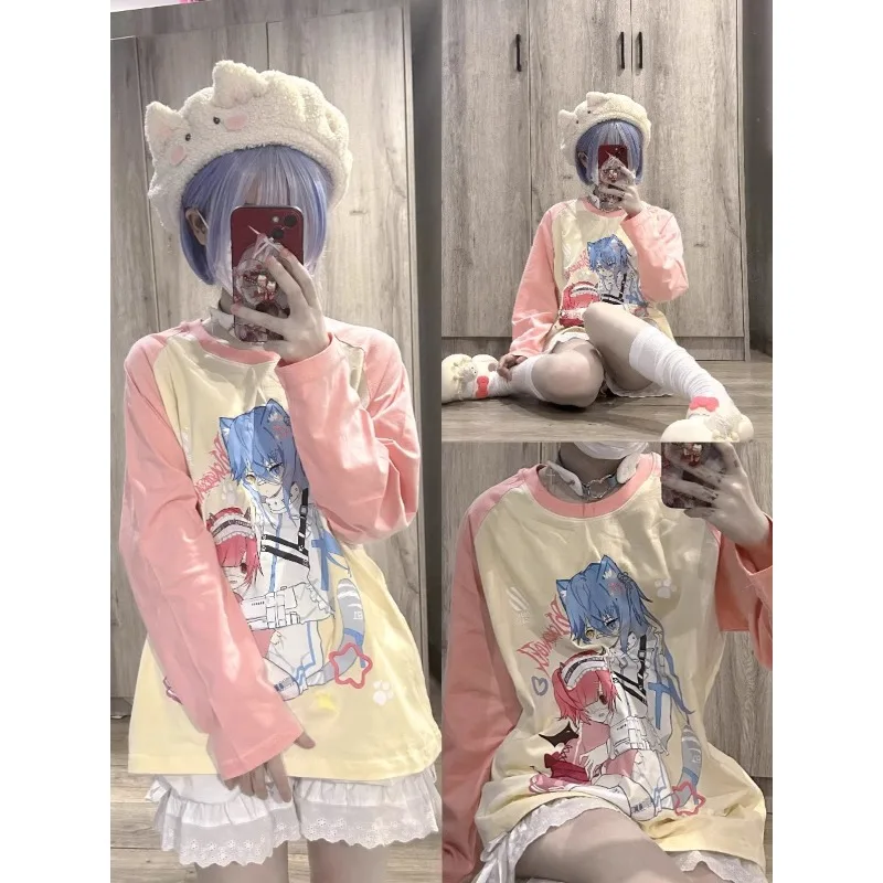 Long Sleeve Japanese Y2K Female Cute Subculture Shirt Loose 2024 Spring Anime Print Top Black White Patchwork Casual Shirts