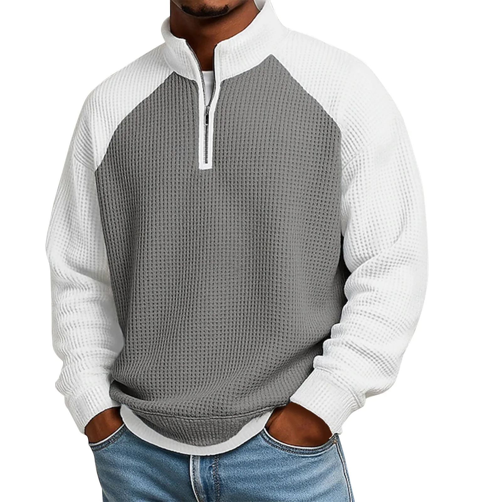 Men's Autumn Winter Waffle Zipper Color-blocked Stand-up Collar Zipper Long-sleeve Hoodies Sweatshirt