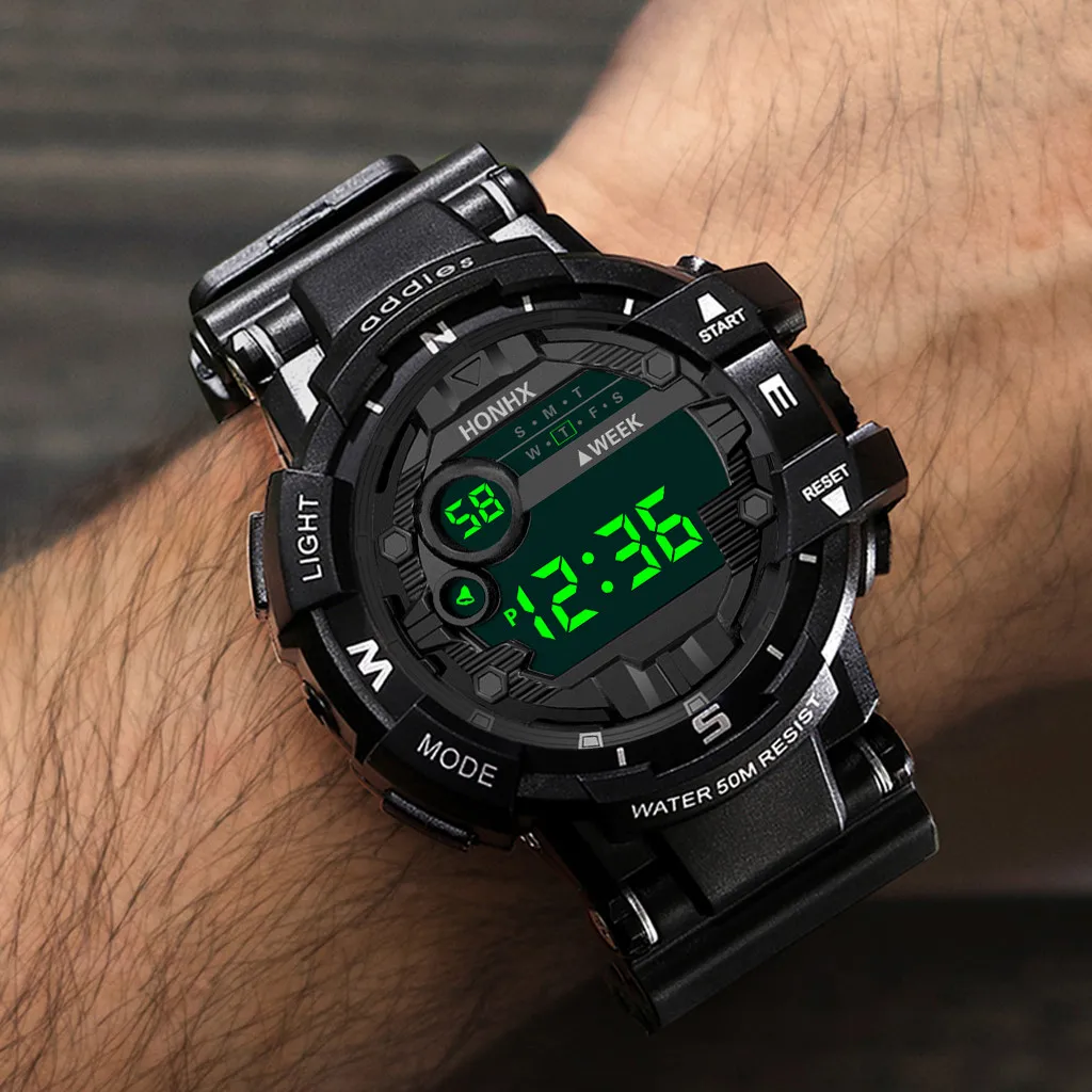 Homens à prova d'água LED Digital Quartz Watch, Militares, Esporte, Borracha, Alarme, Data, Moda