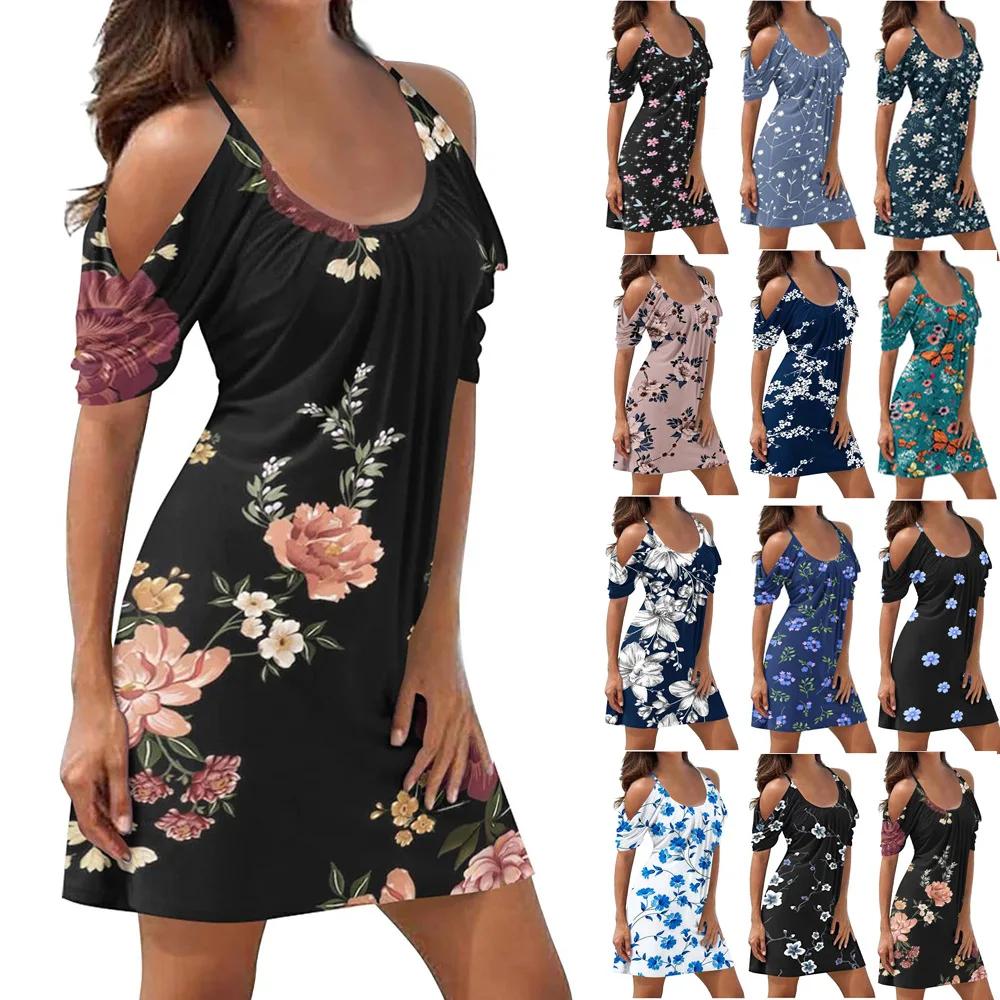 Donne allentate Vintage volant con spalle scoperte Camis Dress Hole Sexy Summer Strap Boho Casual Beach Mini abiti