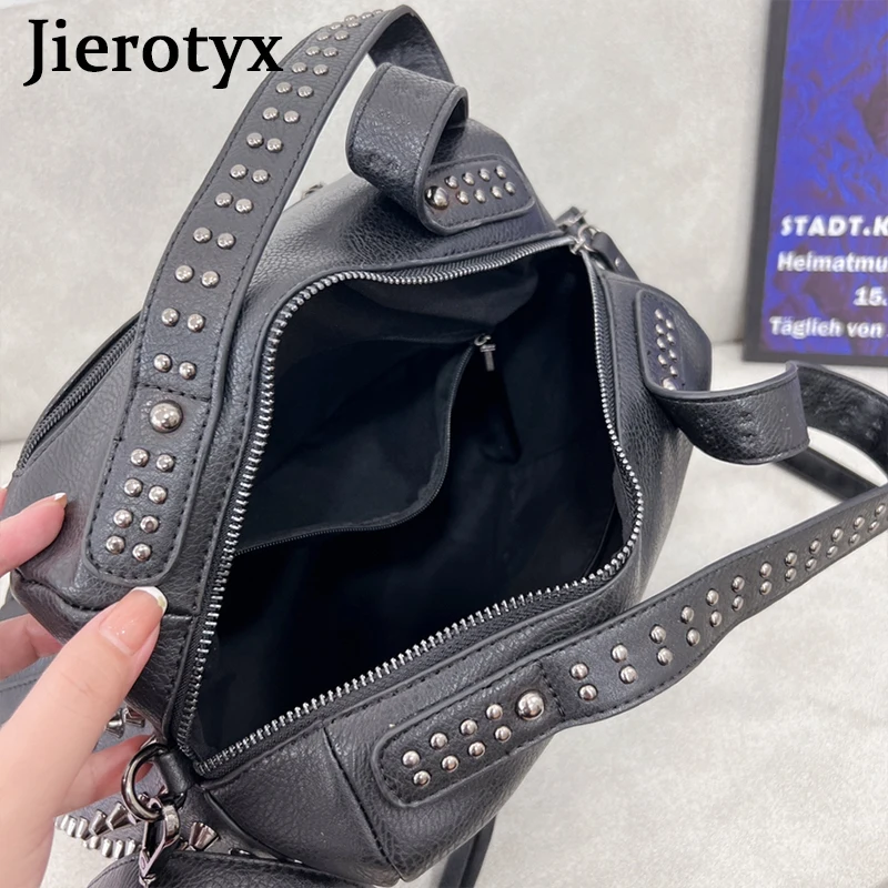 JIEROTYX Black Skull Handbag Tote Bags for Women Gothic Rivet Large Capacity Crossbody Purse Soft Leather Travel Shopping