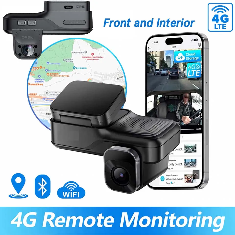 

4G LTE GPS Dashcam Real-time View Front And In Car Anti-theft Camera Live Stream Instant Alarm Cloud Storage 24/7 Parking Mode