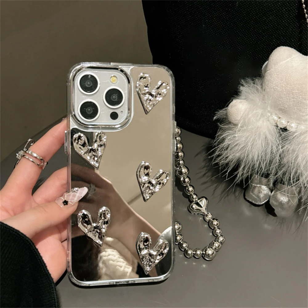 Luxury 3D Love Heart Silver Mirror Bracelet Case for iPhone 16 15 13 14 12 11 Pro Max 7 8 16 Plus X XS XR XS Max INS Back Cover