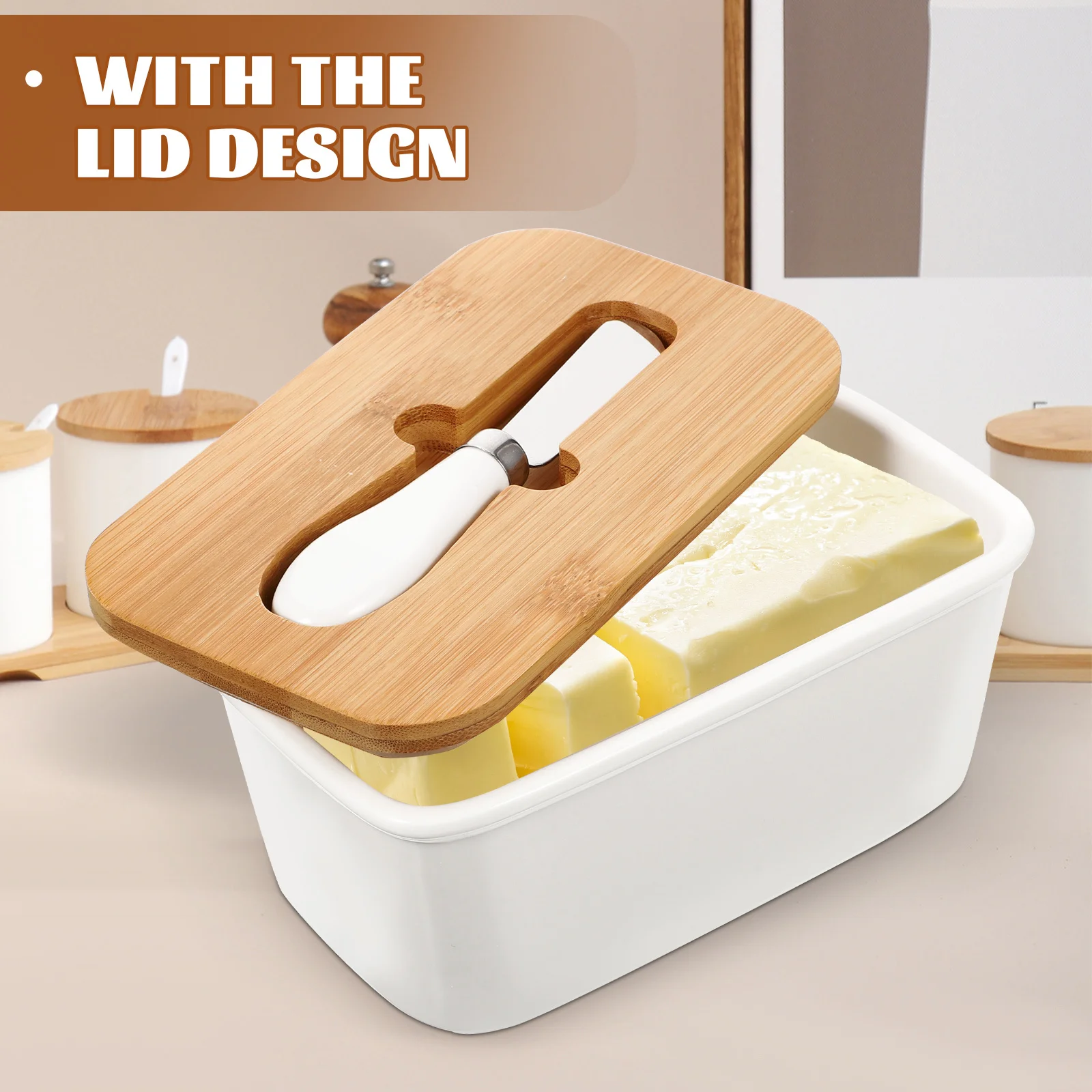 

1 set 1 Set Of Ceramic Dish With Bamboo Lid Butter Storage Box For Home Kitchen Butter Container With Slicer Cheese Cutting Tool