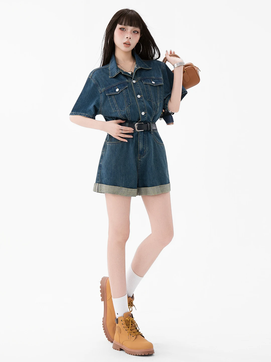 MGHG Retro High Waist Denim Jumpsuit Women's Autumn Faion Slimming ort Set Straight Leg Cotton Blend Cact Fabric