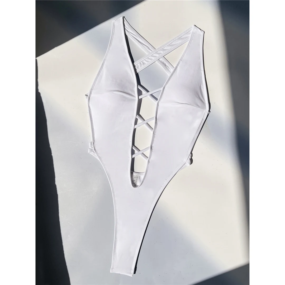 S - XL, tiefes V-Ausschnitt-Design, kurzer Badeanzug mit Tanga-Schnitt und überkreuztem Rücken, Damen-Badebekleidung, einteiliger Badeanzug, Damen-Badeanzug mit hohem Beinausschnitt, Badeanzug, Modell V5462. – Detail 16