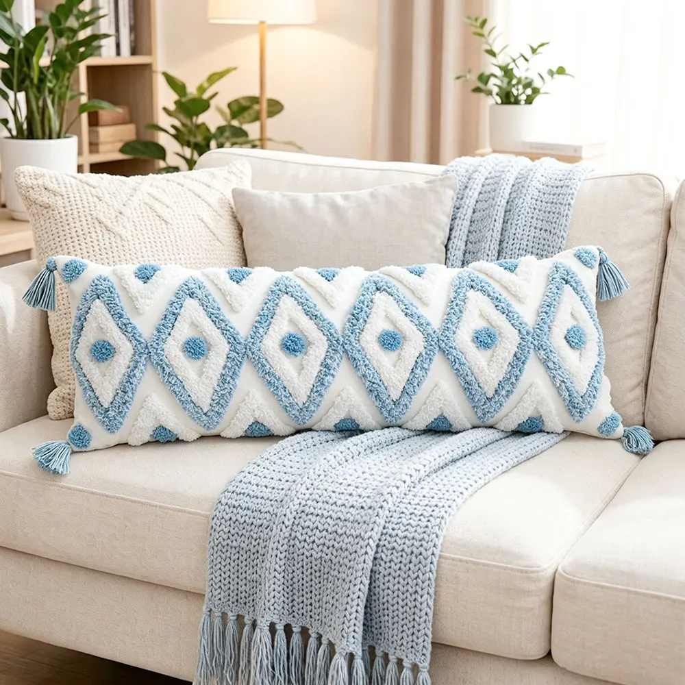 Böhmischer Getufteter Lendenkissenbezug 35x90cm Blau-Weißer Diamant Geometrischer Quasten-Kissenbezug für Bett Couch Sofa Wohnzimmer