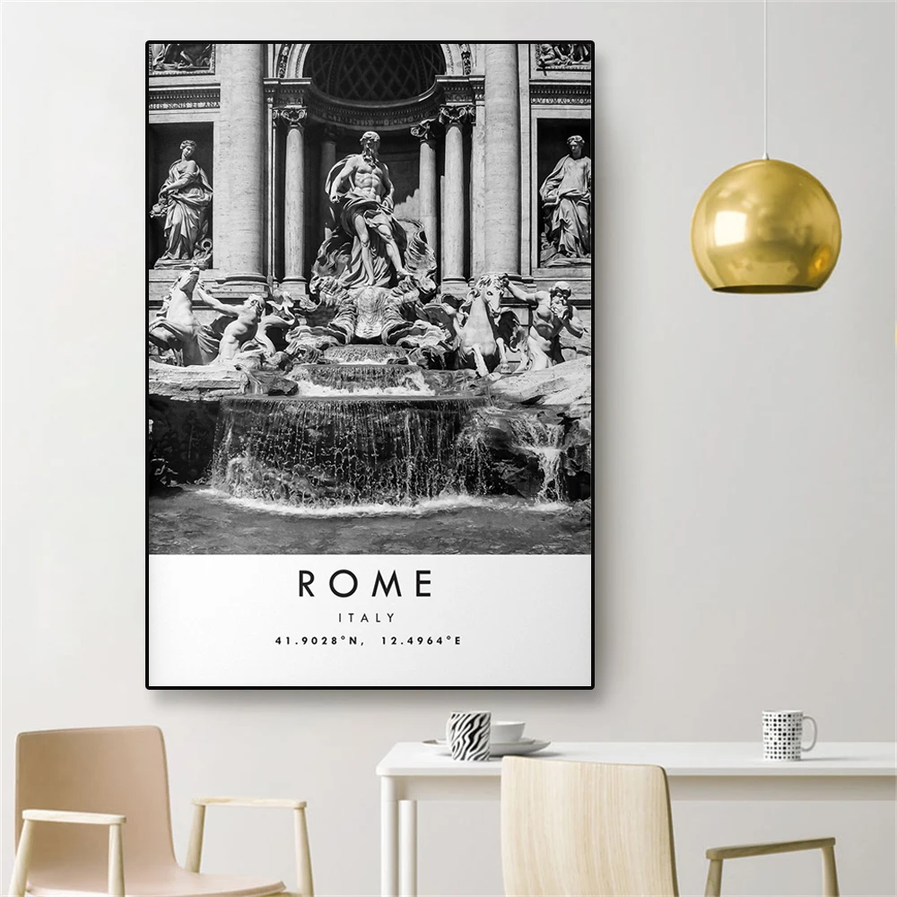 Black and White Poster Rome Travel Print Wall Art Minimalist Canvas Painting Trevi Fountain Print of Rome Italy Home Room Decor