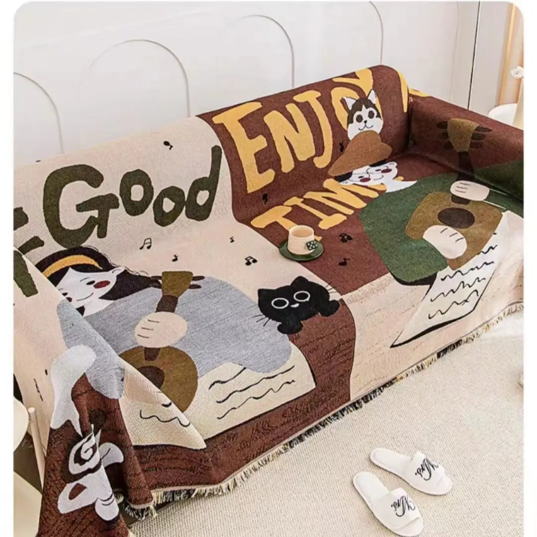 

Full Coverage Sofa Cover Slip Resistant Cartoon Blanket All Season Dust Proof Cushion Protector Woven Throw Art of Murals