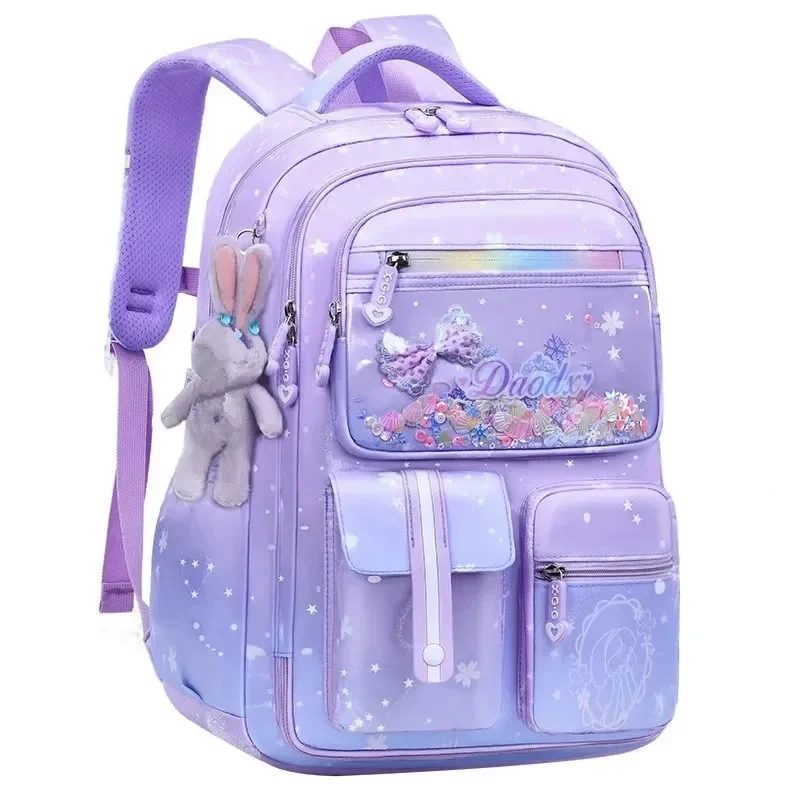 

Primary Bow Knot Schoolbag With Rabbit Pendant For Girls Kids 2 size Backpack Kawaii Waterproof Orthopaedics School bag mochila