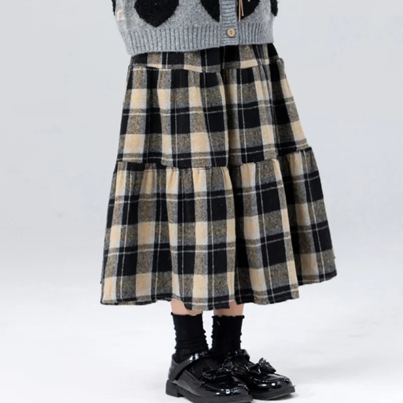 

Girls Woolen Plaid Skirt Autumn Winter Fashion Warm Long A-line Skirts for Children 4 To 14 Y Elegant Kids Princess Underskirt