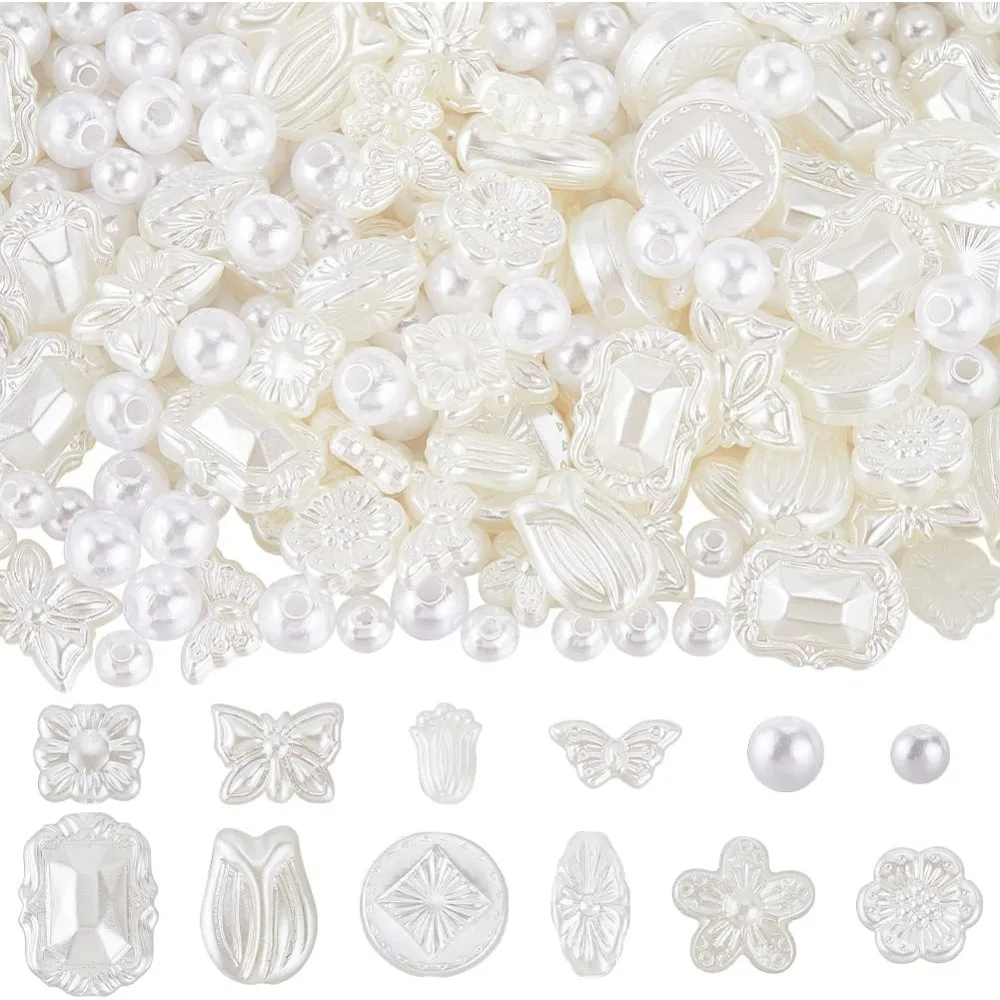 

12 стилей, 400 шт., бусины из искусственного жемчуга, пластиковые жемчужные бусины, разные милые абс-белые эстетические искусственные бабочки, цветы, листья, жемчуг