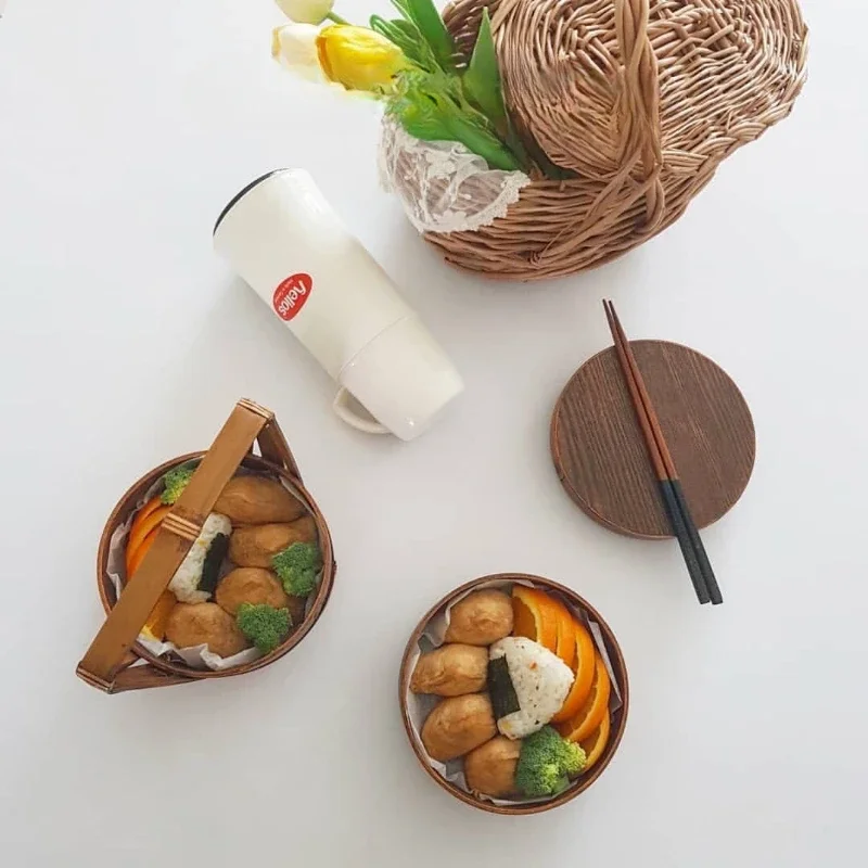 Portable Lunch Box Portable Wooden Lunch Box Brown Round Multi-layered Sushi Box Gift