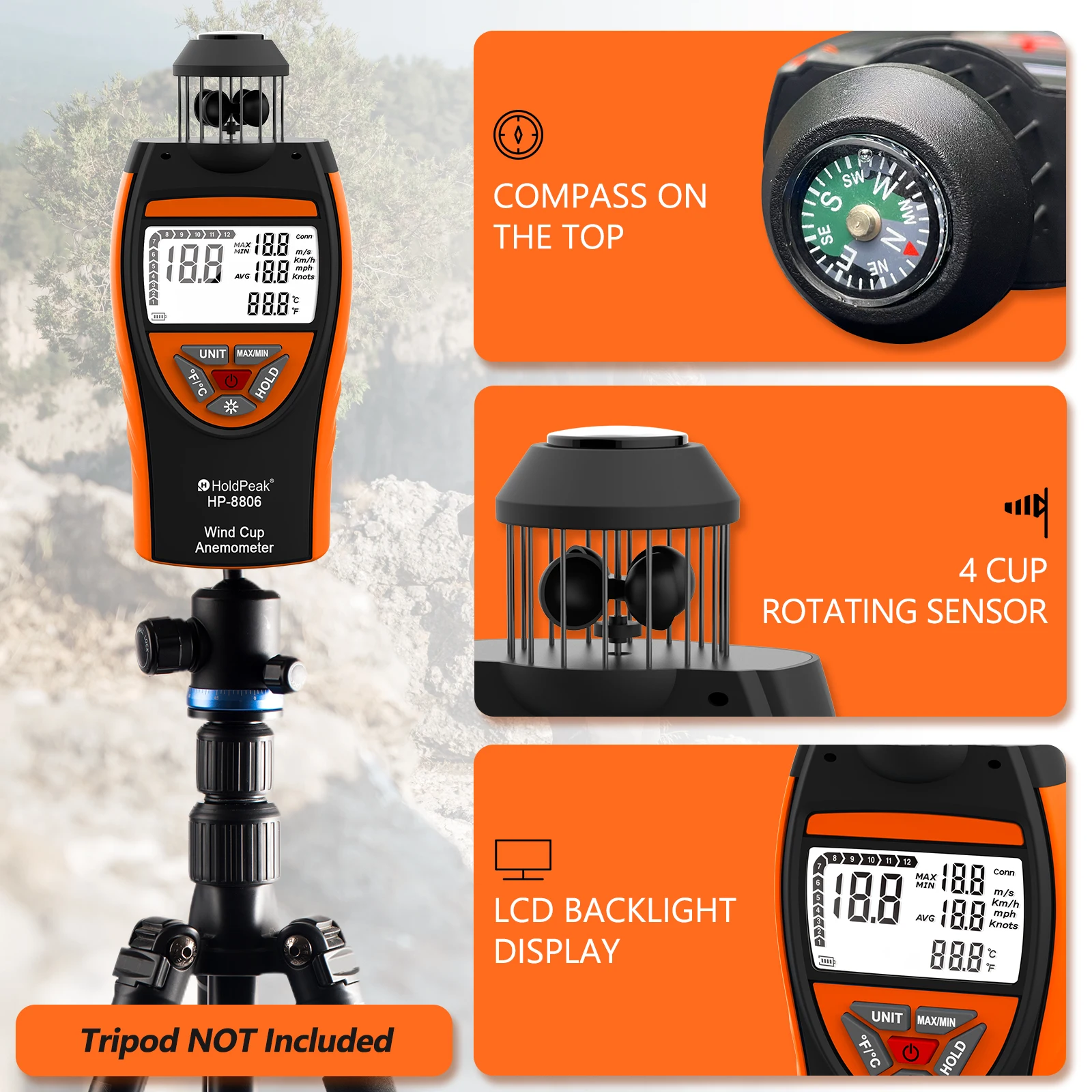 Windbeker-anemometer, weergave van windtemperatuur, windsnelheid/richting/HVAC-weermonitoring met kompas