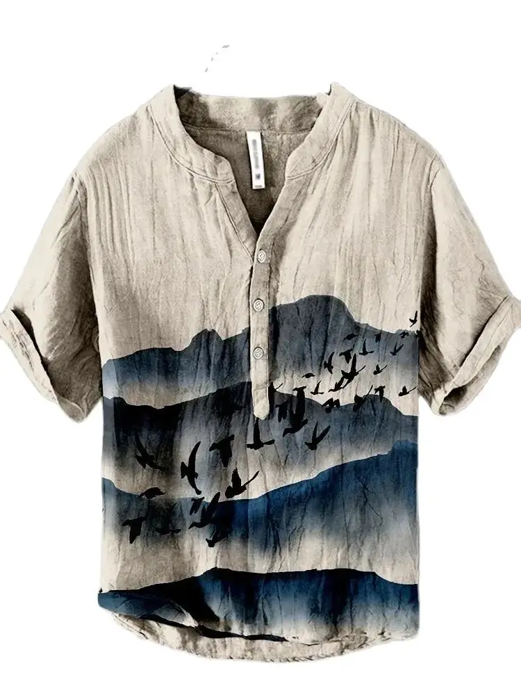 

Minimalist and elegant men's top, short sleeved shirt, landscape print, oversized casual fashion trend