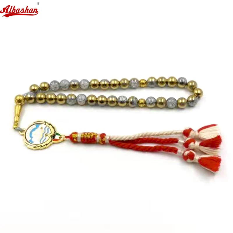 

Золотой тасбих из Саудовской Аравии с кристаллическими бусинами, 33 бусины для молитвы, турецкий кисточек, подарок на Рамадан и Ид.