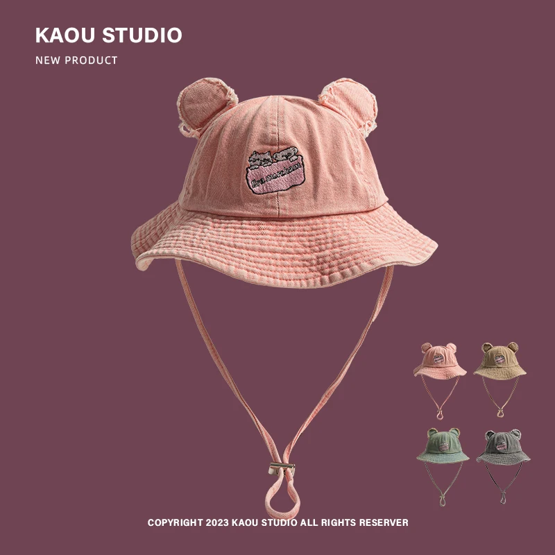 

Japanese Cute Bear Ears Drawstring Bucket Hats for Women Spring and Summer New Outdoor Sunscreen Funny Dome Men's Caps