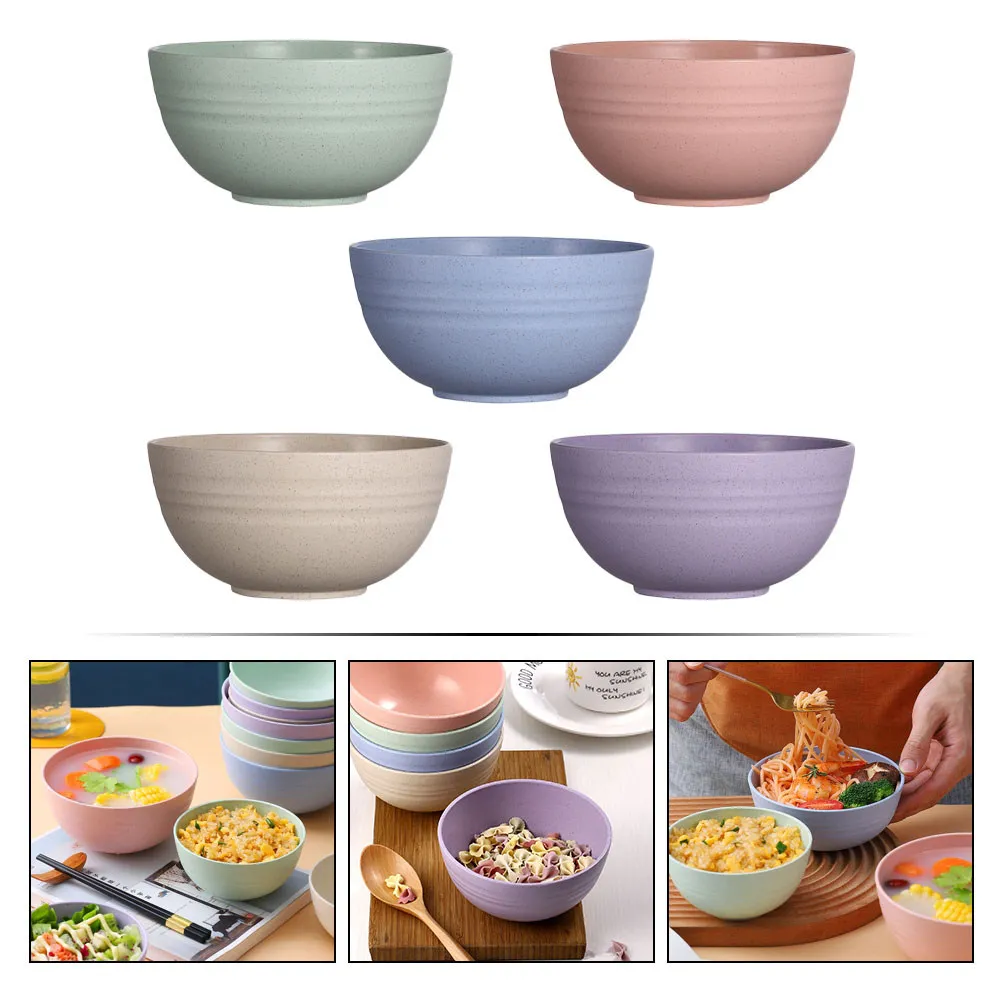 5Pcs Multifunctional Wheat Straw Bowls Safe PP Plastic Instant Noodle Rice Soup Salad Fruit Containers Compact Stackable