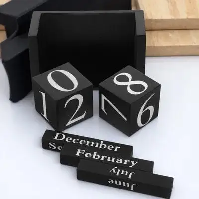 Wooden Desktop Decoration Black Perpetual Calendar for Office Home Blocks Reusable Table Stand Elegant Daily Use Work