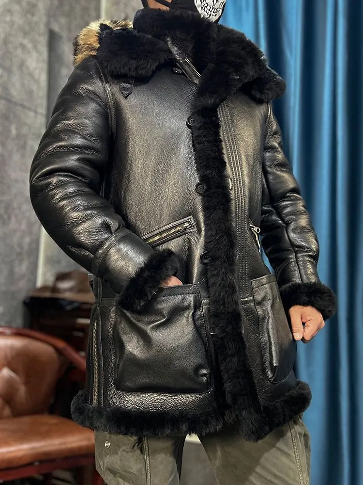 Men\'s Winter Long Coat Genuine Leather Real Sheepskin Shearling Jacket Thick Warm Wool Liner Raccoon Fur Hood Black Big Size 62