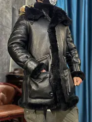 Men's Winter Long Coat Genuine Leather Real Sheepskin Shearling Jacket Thick Warm Wool Liner Raccoon Fur Hood Black Big Size 62