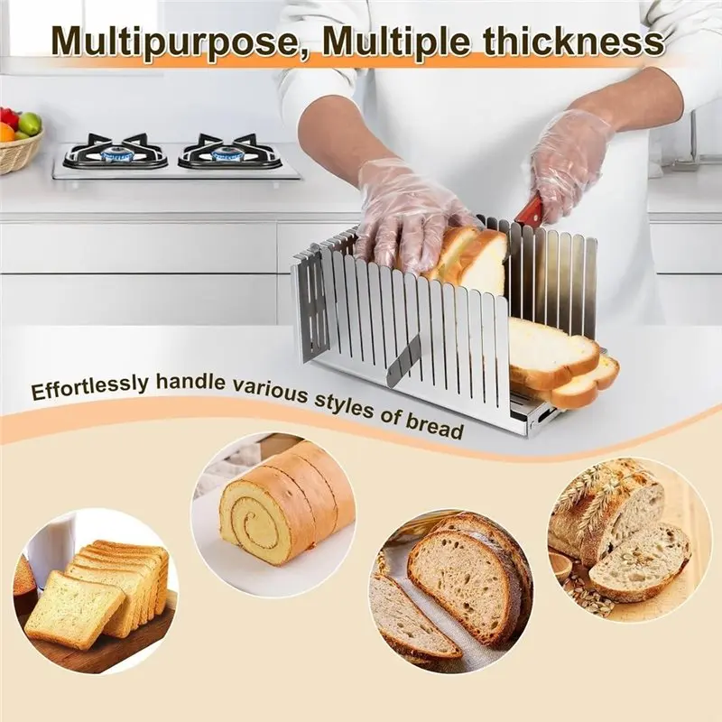 ABLN-Stainless Steel Bread Slicer,Adjustable Width 5.5-8.3 Inches For Homemade Bread Sourdough Bagels Cakes,0.5 In Evenslices