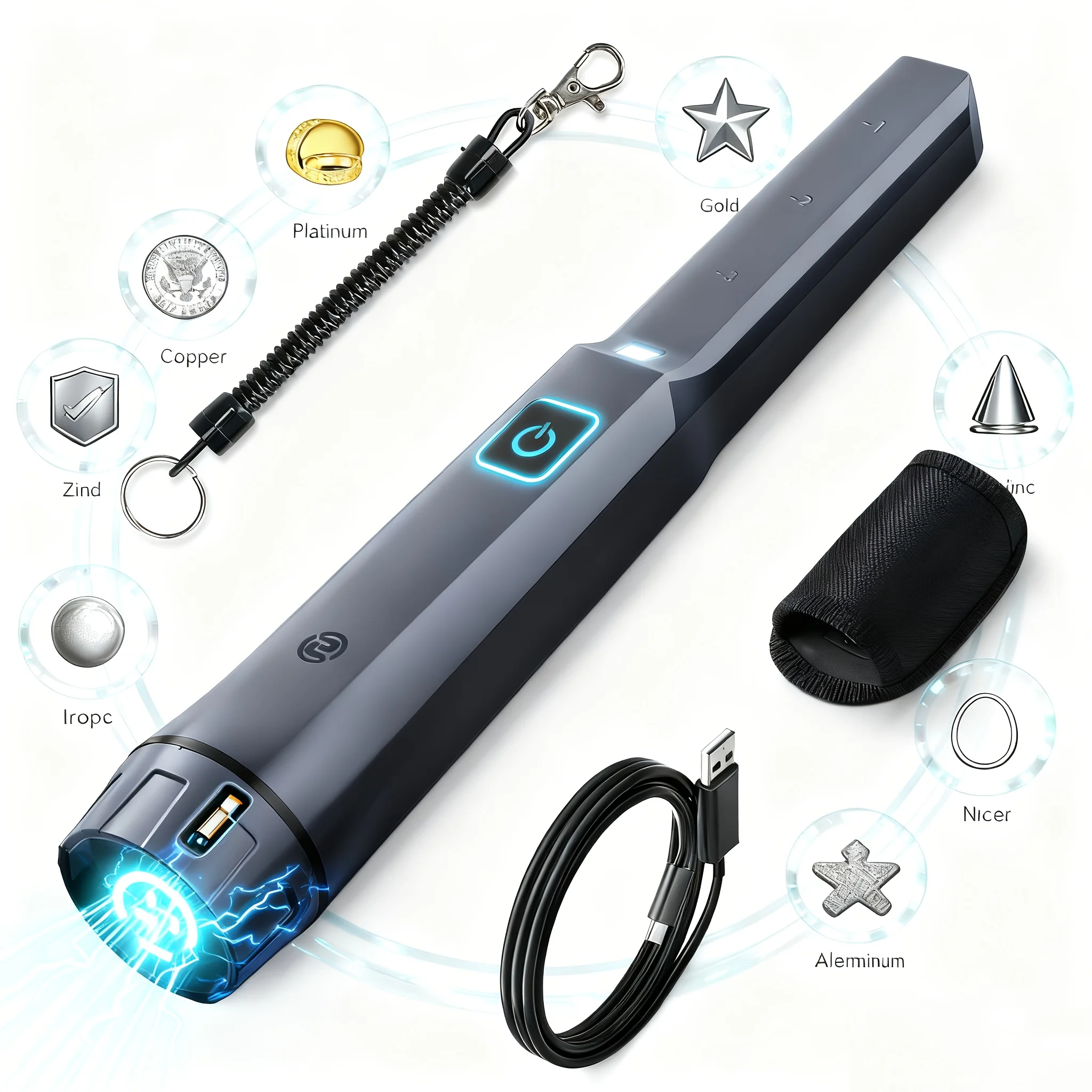 SUNPOW Wykrywacz metali pinpointer, IP68 wodoodporny 6"(15cm) skan boczny 360°, 3 tryby alarmu dźwięk wibracja, 15h bateria ładowanie przelotowe, certyfikat CE narzędzie do poszukiwania skarbów