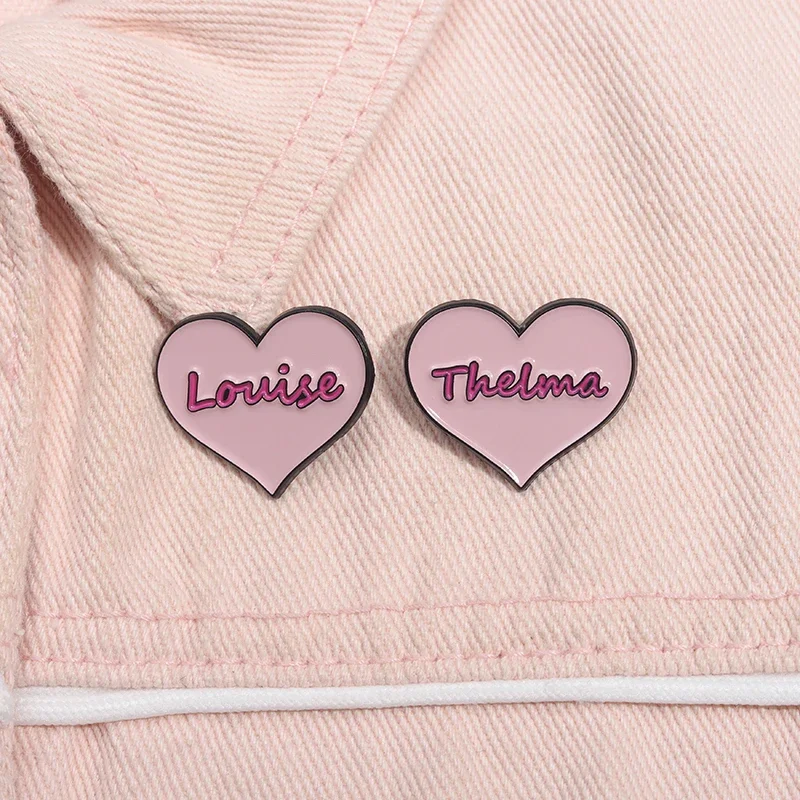 Thelma Louise Enamel Pins Pink Heart Shape Brooches Backpack Lapel Badges Classic Feminism Movie Pins Jewelry Gifts for Friends