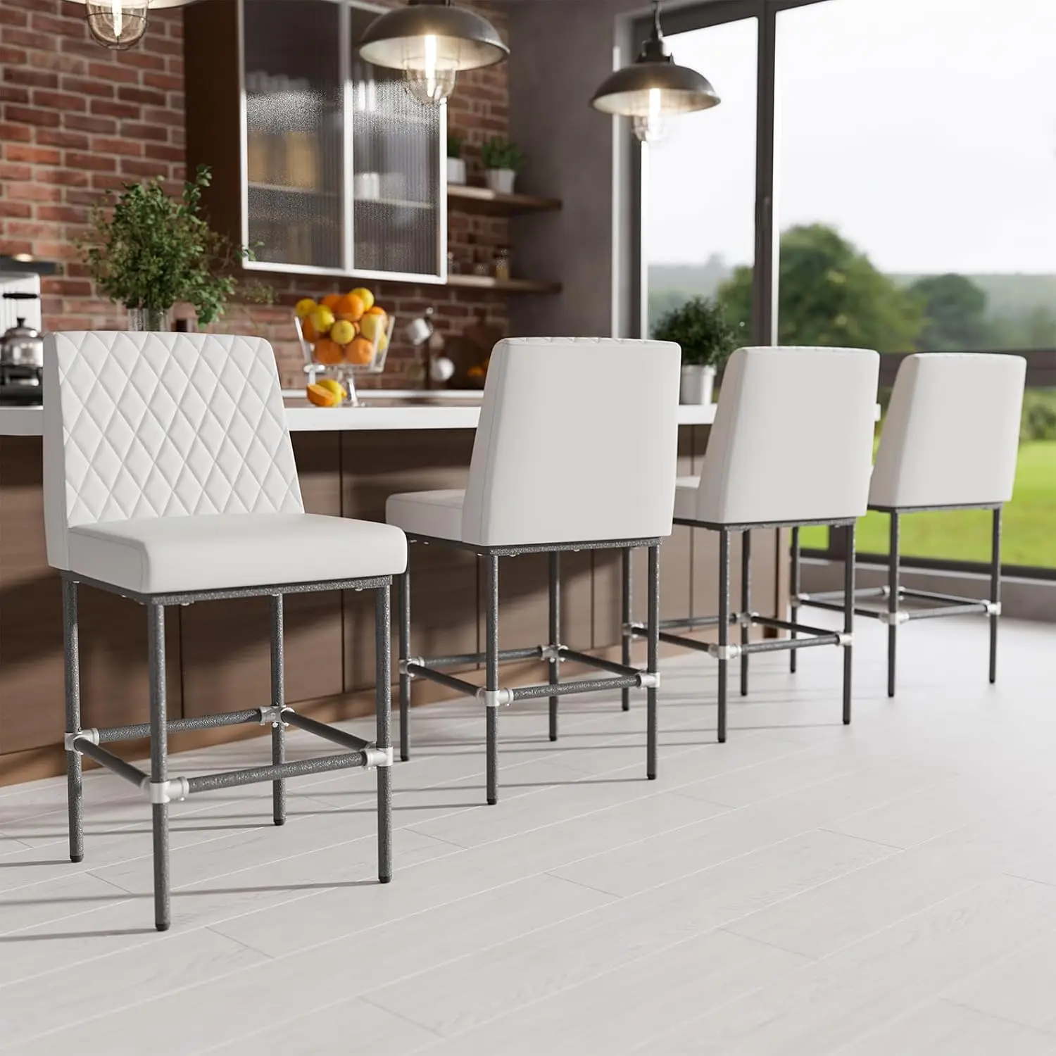 

26in Counter Height Bar Stools Set Of 4 White Leather Upholstered Seat Metal Frame 350LBS Support Kitchen Island, Customized
