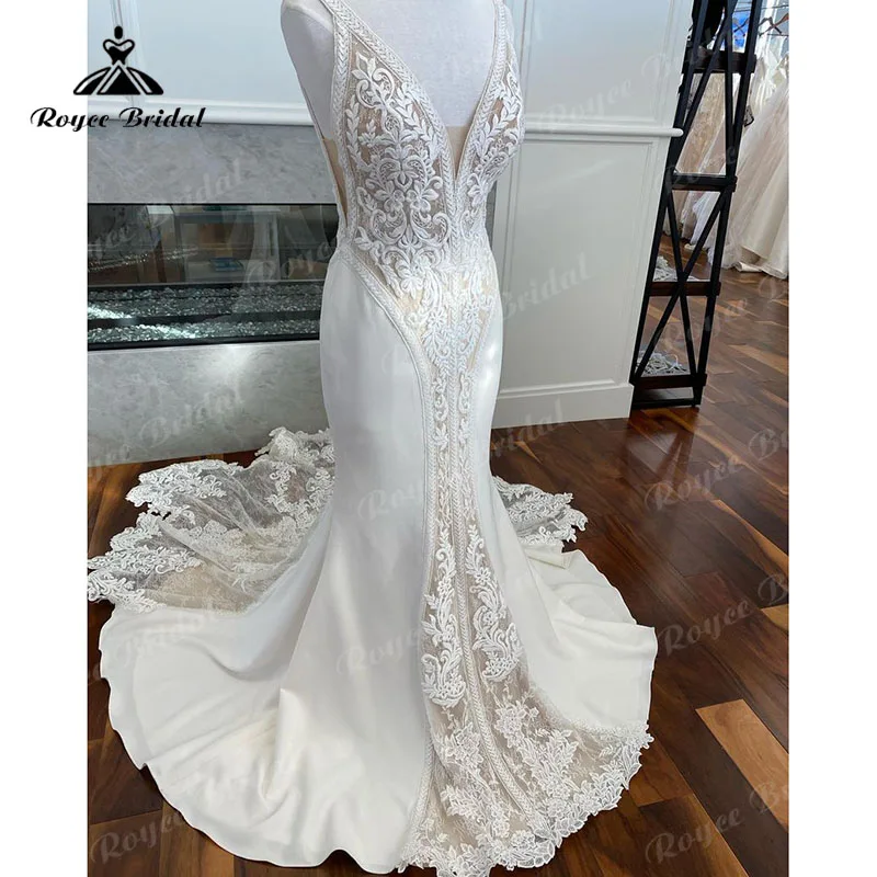 Sexy Deep V Neck Lace Mermaid/Trumpet Wedding Dress Court Train Appliques 2023 Spaghetti Straps Vestidos De Novia Open Back