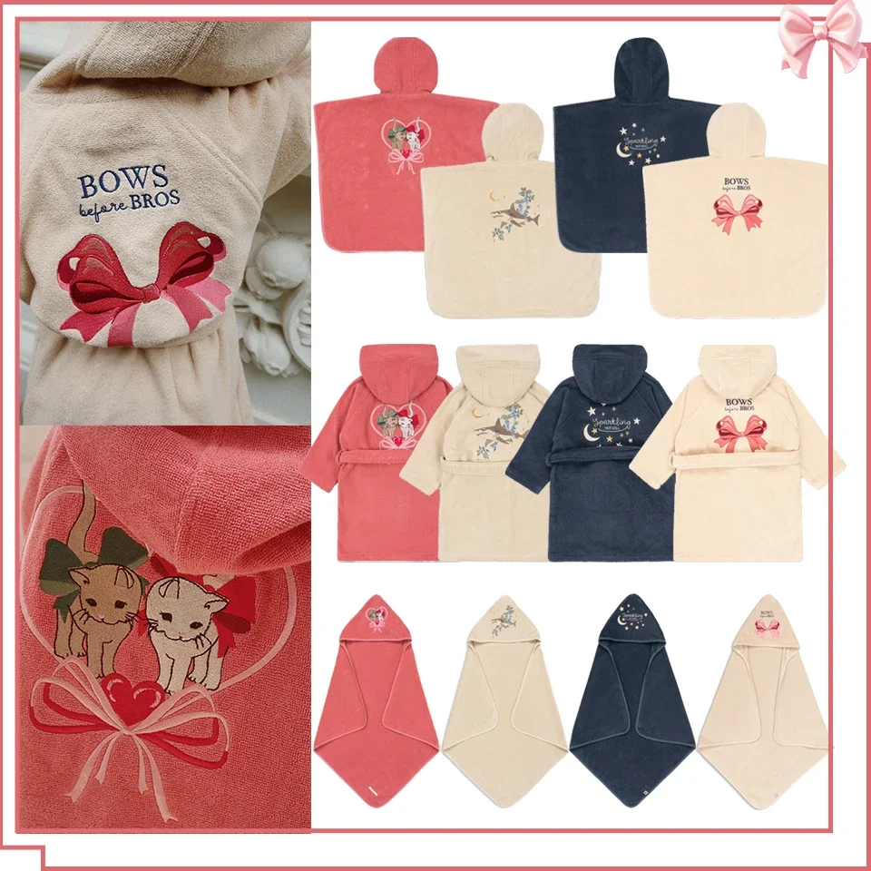 

2025 KS Girls Cats Embroidery Cotton Bath Robe Boys Hooded Bath Towel Cloak Baby Kids Soft Pyjamas Nightgown Children Bathrobe
