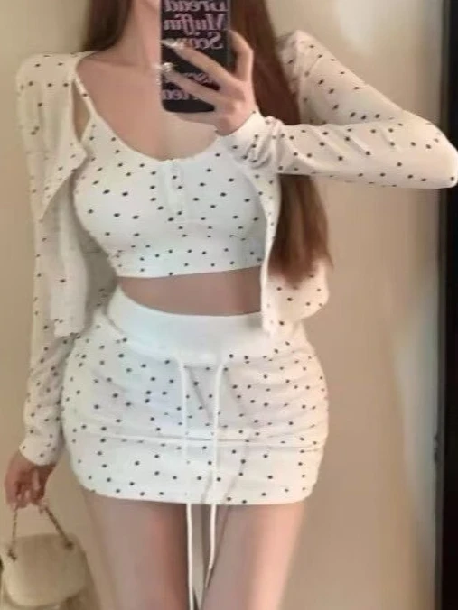 

Винтажный женский топ с длинным рукавом в горошек, ретро-юбка, комплект, повседневная элегантная сексуальная шикарная модная мини-юбка, вечерняя вечеринка, новинка лета