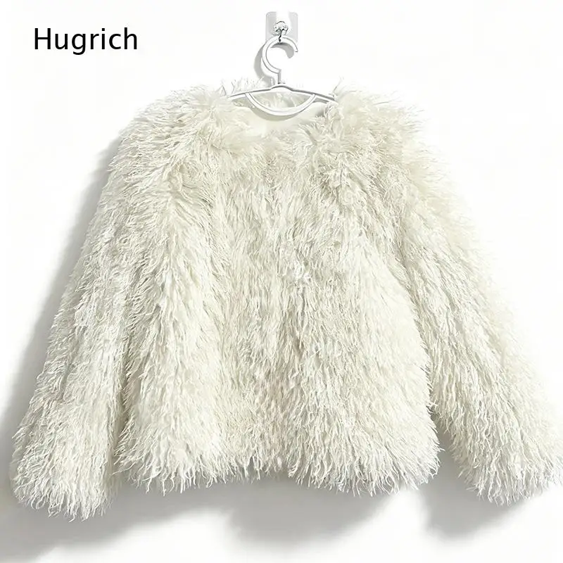Women Winter Shaggy Faux Fur Outer Jacket Round Neck Long Sleeve Curly Fluffy Short Coat for Daily Wear 2
