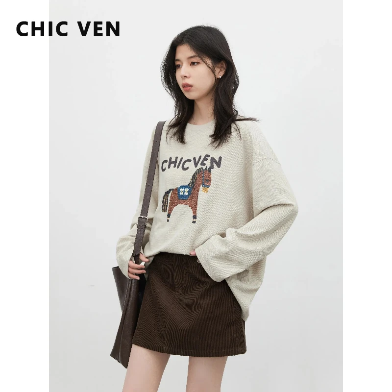 

CHIC VEN Корейская женская футболка с длинным рукавом, свободная повседневная новинка, с круглым вырезом, с мультяшным принтом пони, женский топ-пуловер, весна-лето 2026
