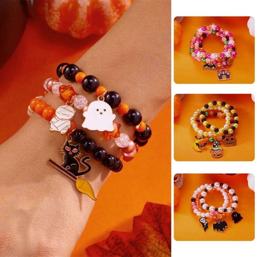 3pcs Gothic Style Pumpkin Pendant Bracelet Zinc Alloy Haunted House Halloween Hand Chain Set Black Cat Cute