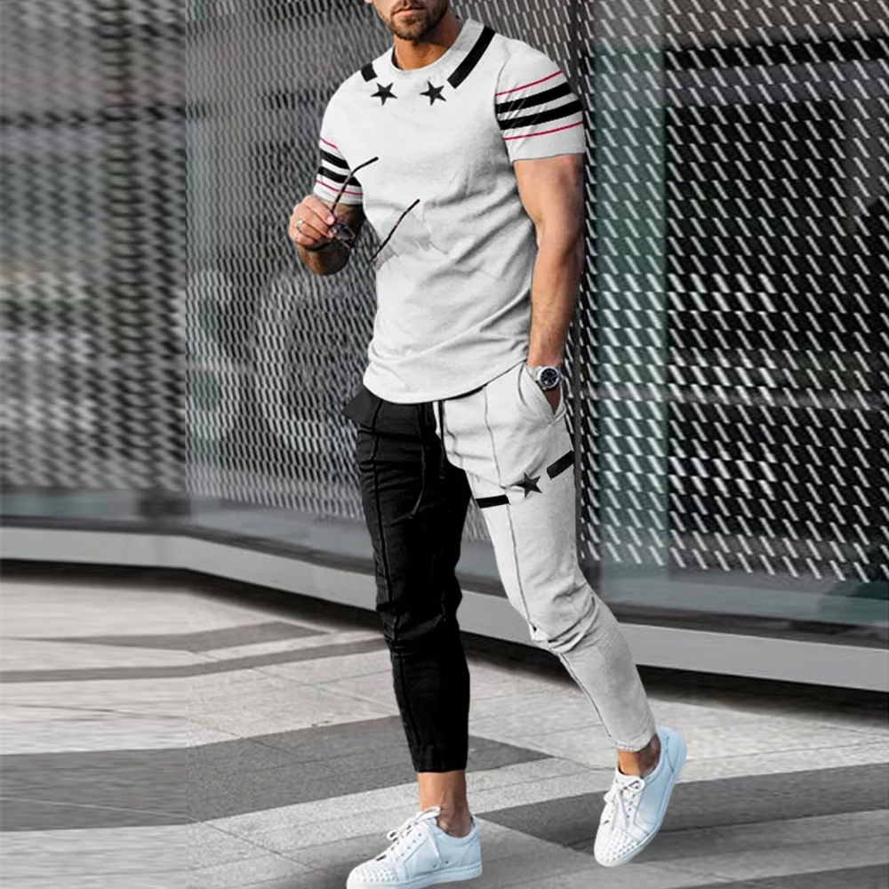 2024 Fashion Men Tshirt Suit Tracksuit 3D Printed Sportswear Short Sleeve T-shirt Long Pants Streetwear 2 Piece Set Male Clothes