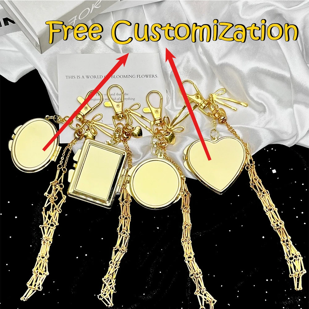 

Free Customization Gold Makeup Bag Keychain Mirror Key Ring and Lipstick Holder Portable Storage Key Chain Metal Keyring Gift