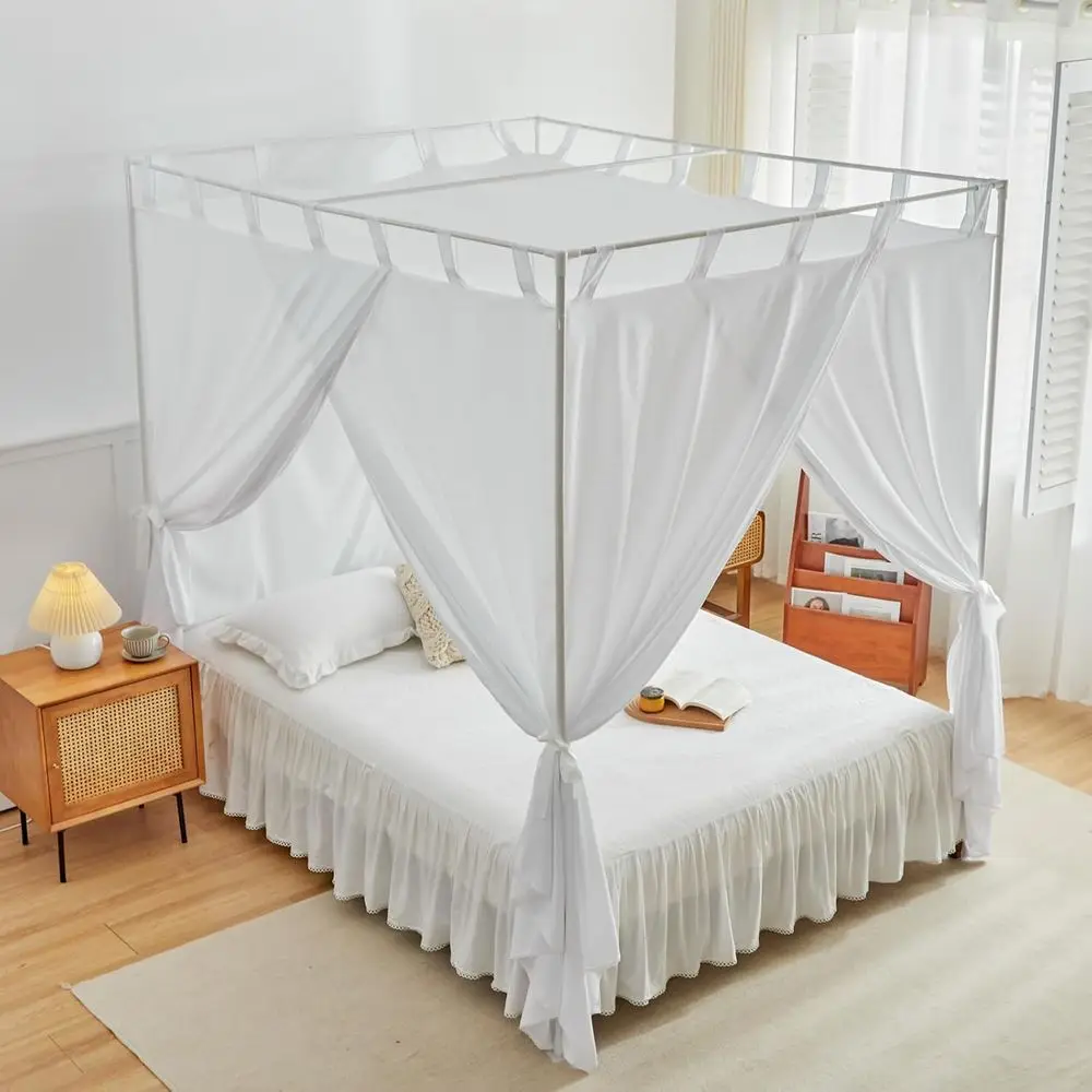 King Size Canopy Bed Curtains with Ties and Tie-backs for Windproof & Light-Blocking Bedroom Decor