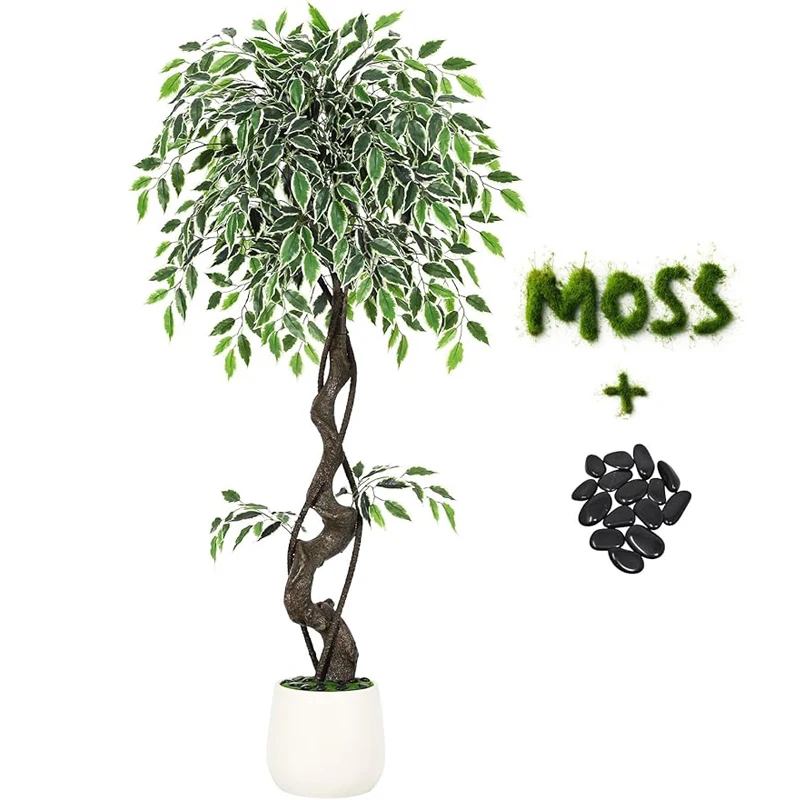 Artificial Ficus Tree, Lifelike Fake Ficus Plant with White Imitation Ceramic Planter, Natural Moss & Pebbles Decor, Stable Potted Faux Tree for Indoor Outdoor Home Office Bedroom Balcony