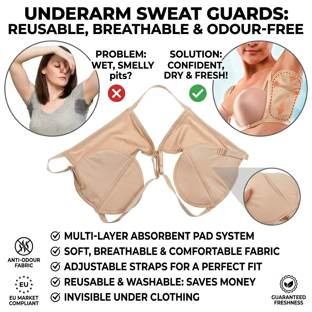 Embarrassment Free Reusable Washable Underarm Sweat Pads Invisible Anti Odor Moisture Wicking Soft Breathable Stay Dry Pads