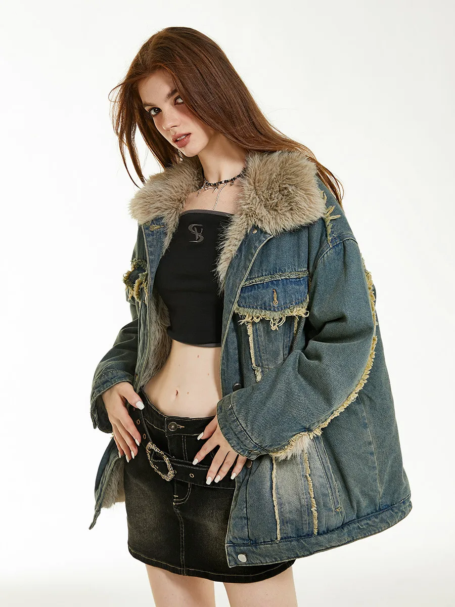 

130-134cm Bust Fall Winter Oversized Denim Jackets Women American Retro Spicy Girl Thick Warm Reversible Denim Coats Jackets