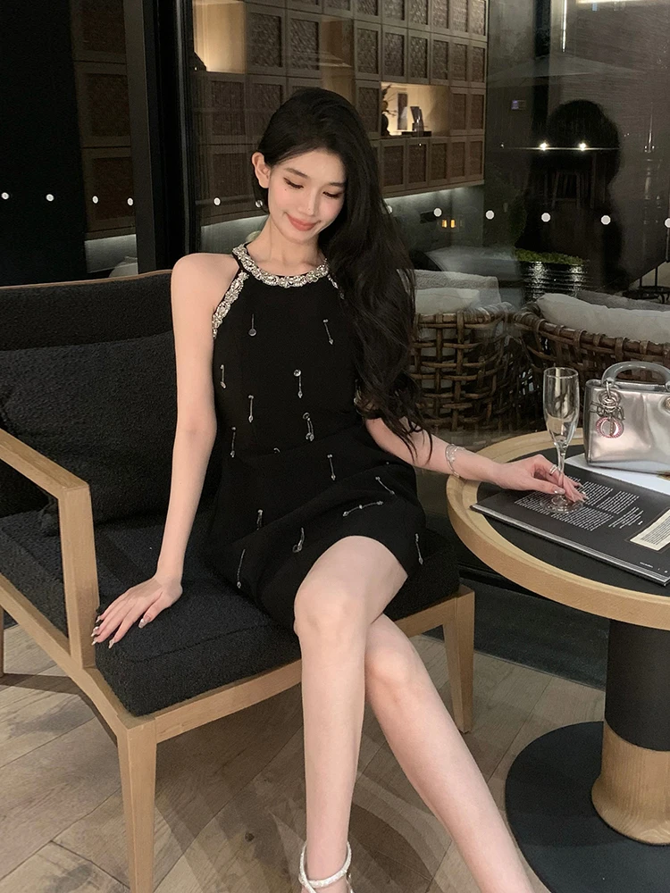 2024 Summer Fashion Feminine Socialite Light Luxury Dresses Women's Round Neck Diamond-Embedded Waist Pullover A- Line Dress