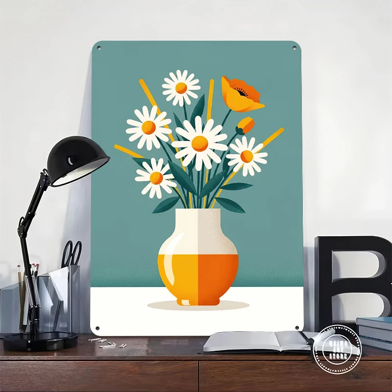 Vase of Daisies and Poppies Tin Poster Customized Wall Art Retro Vintage Metal Signs for Fans Room Office Decor Wand Deko Home