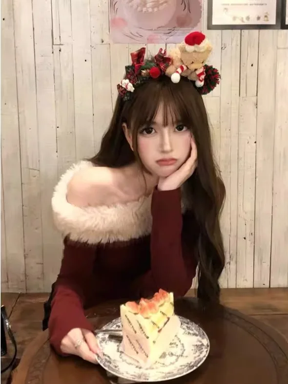

Red Fur Collar One Shoulder Knitted Sweater Women's Autumn Winter New Year Lucky Year Casual Style Long Sleeve Warmth Fashion