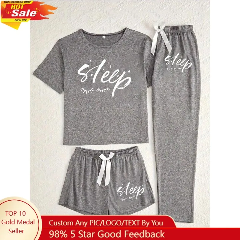

Women's Casual Letter Print Pajama Set, Three-Piece Sleepwear for All Seasons, Fitted Kint Fabric, Comfortable Nightwear