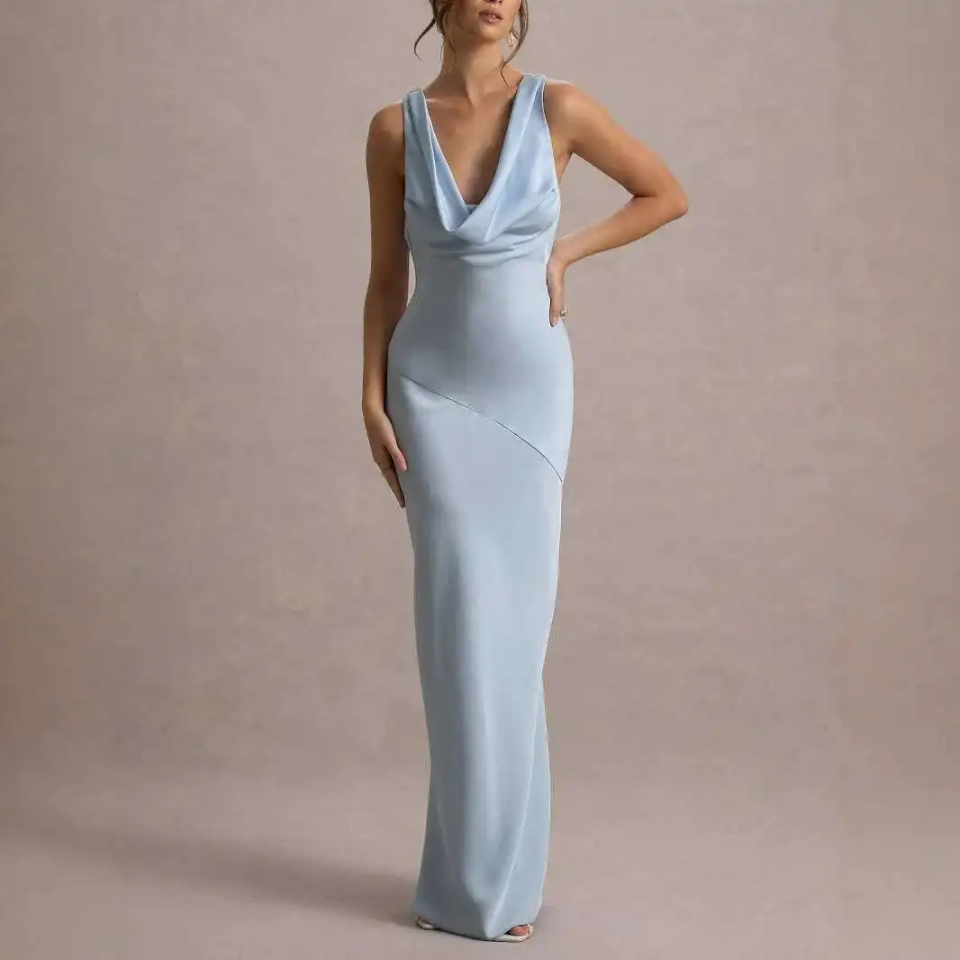 

2025 New Style High-end Satin Slim Fit Dress with Buttocks, Fish Tail Exposed Back, Sexy Dress Dress Robe Vestido Women Party