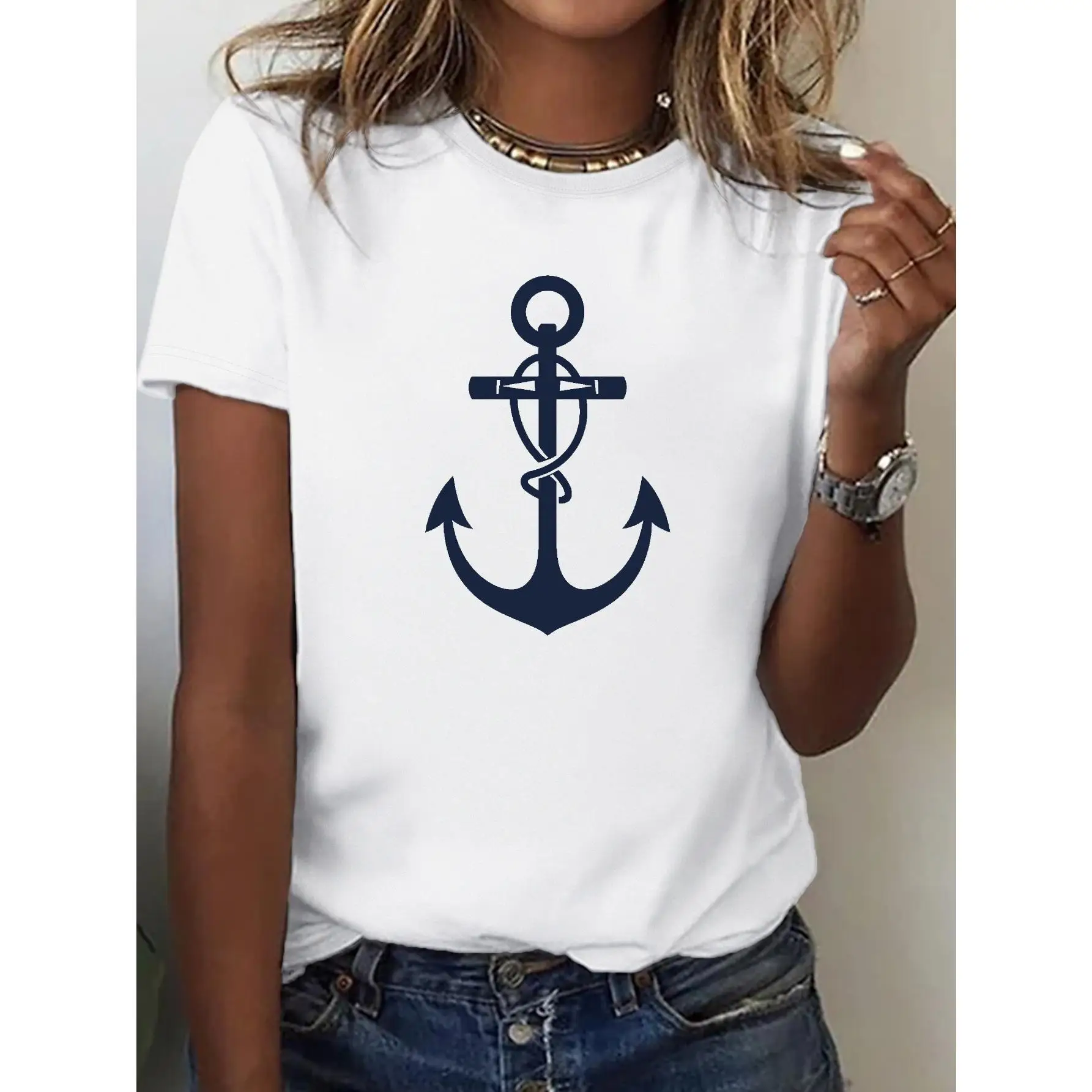 

Women's Casual Anchor Print T-Shirt - Soft Crew Neck, Short Sleeve, Spring/Summer Top, Navy Blue Graphic Design, Comfortable